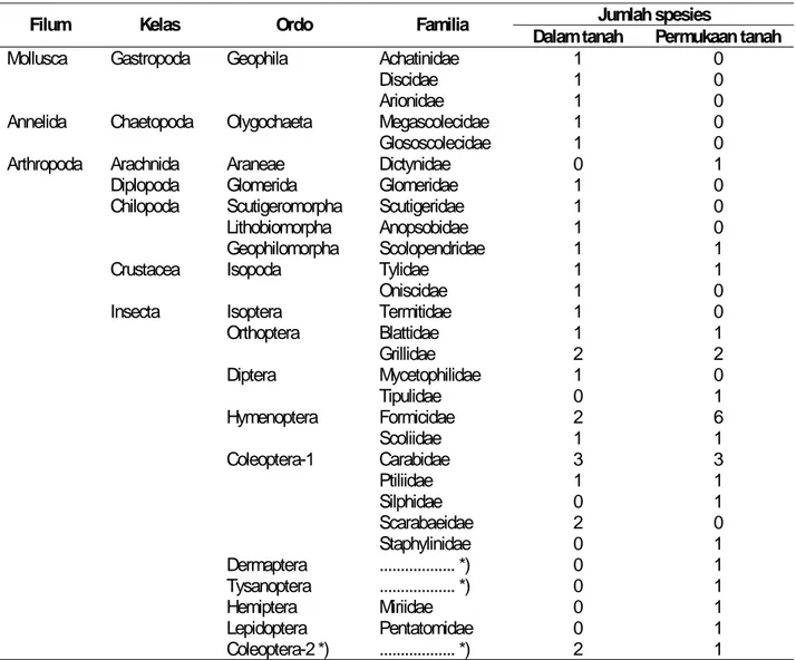 Tabel 1. Kelompok makrofauna dalam tanah dan permukaan tanah yang ditemukan di bawah tegakan sengon di RPH Jatirejo, Kediri.