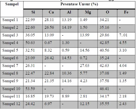 Tabel 1. Kandungan unsur dari 12 sampel batuan Aceh menggunakan SEM-EDX 