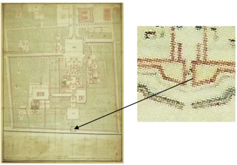 Gambar 7. Kiri denah Kraton Kesultanan Yogyakarta buatan Belanda dan kanan  posisi plengkung Gading pada denah tersebut 