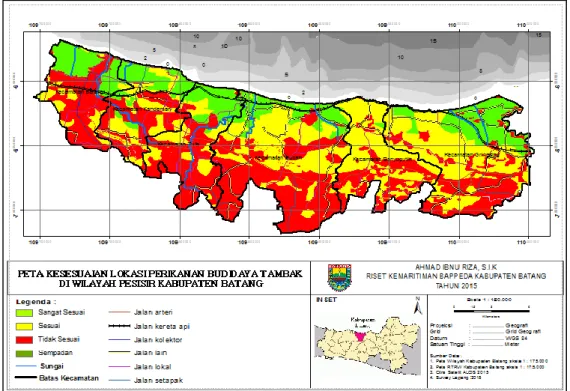 Gambar 4 Peta hasil kesesuaian lokasi perikanan budidaya tambak   di perairan   pesisir Kabupaten Batang 