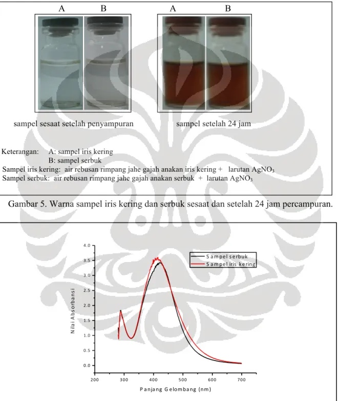 Gambar 5. Warna sampel iris kering dan serbuk sesaat dan setelah 24 jam percampuran. 