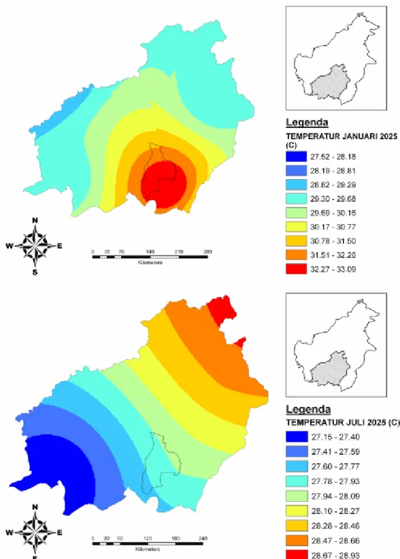 Gambar 8. Prediksi pola spasial temperatur Kalimantan Tengah bulan Januari dan Juli  tahun 2025