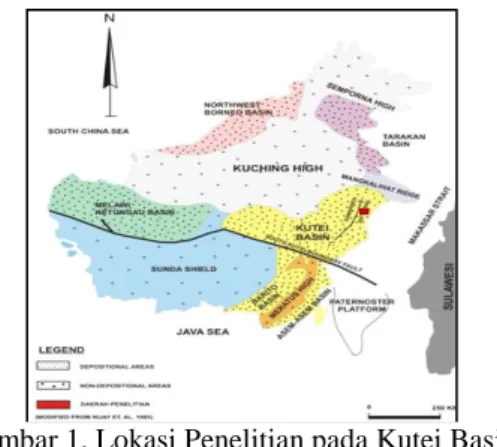 Gambar 1. Lokasi Penelitian pada Kutei Basin  (modifikasi dari Nuay dkk, 1985) 