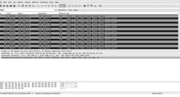 Gambar 4.11 Paket SM TP dari Divisi Administrasi M enuju Mail Server   Sebelum Pemasangan Firewall 