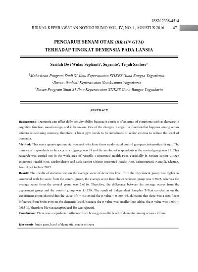 PENGARUH SENAM OTAK (BRAIN GYM) TERHADAP TINGKAT DEMENSIA PADA LANSIA