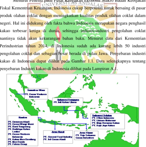 Gambar 1.1   Penyebaran Industri Kakao Di Indonesia                           (Sumber : Kementrian Perindustrian, 2014) 