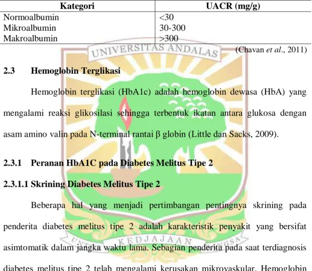 Tabel  2.1  Laju  Ekskresi  Albumin  Urine  berdasarkan  Urinary  Albumin  Creatinine Ratio  Kategori  UACR (mg/g)  Normoalbumin  &lt;30  Mikroalbumin  30-300  Makroalbumin  &gt;300  ( Chavan et al., 2011) 2.3  Hemoglobin Terglikasi 