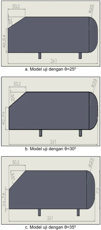 Gambar 1. Model uji reversed Ahmed body  Pendekatan  komputasi  digunakan  pada  penelitian  ini  dimana  diaplikasikan  software  CFD       Fluent  6.3  [5]  dengan  model  turbulensi  k-epsilon  standard  untuk  menganalisis  pengaruh  variasi  sudut  ke