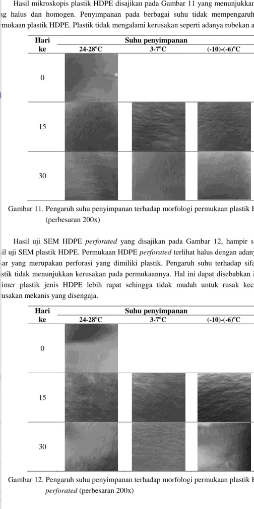 Gambar 11. Pengaruh suhu penyimpanan terhadap morfologi permukaan plastik HDPE  (perbesaran 200x) 