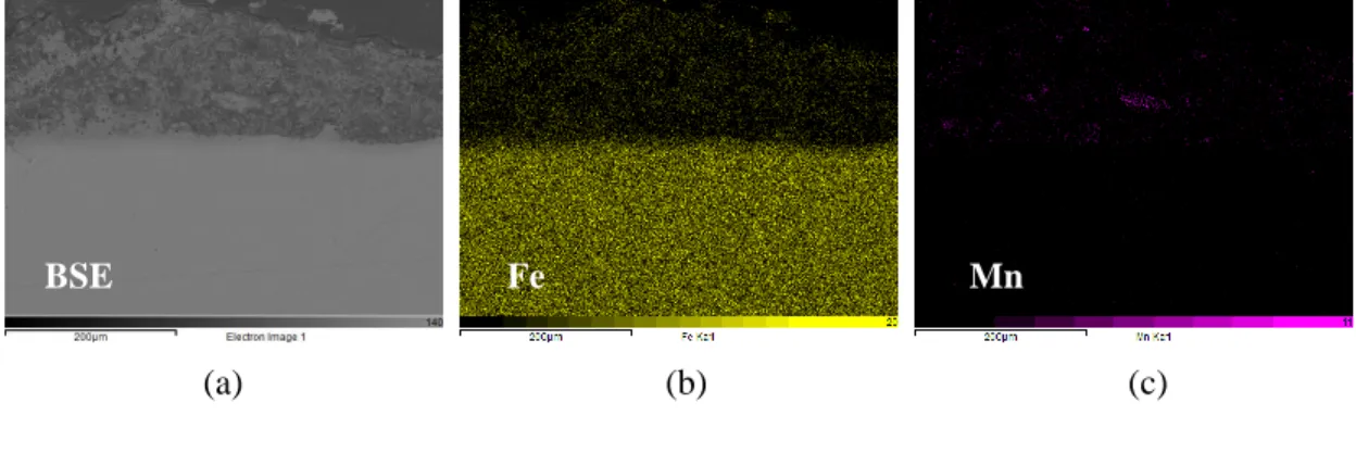 Gambar 4.10. Hasil EDX elemental mapping pada lapisan 53.2Fe-13.8Mn-Al sesudah heat  treatment (a) BSE, (b) Fe, (c) Mn, (d) Al, (e) O 