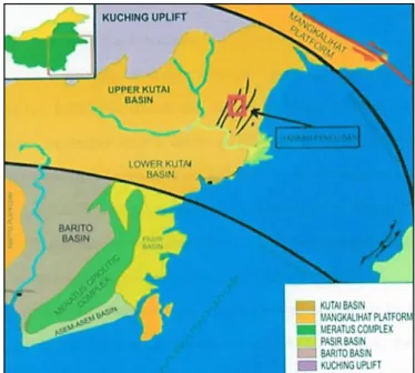Gambar 1.  Lokasi daerah penelitian diplot pada peta geologi regional (modifikasi  dari Supriatna dan Rustandi, 1995) 