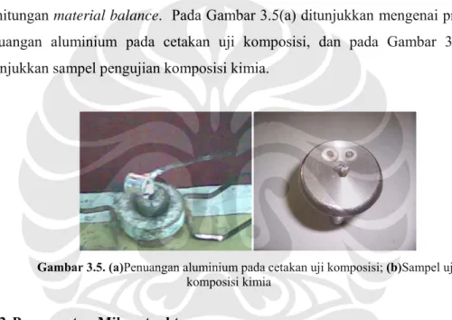 Gambar 3.5. (a)Penuangan aluminium pada cetakan uji komposisi; (b)Sampel uji  komposisi kimia 