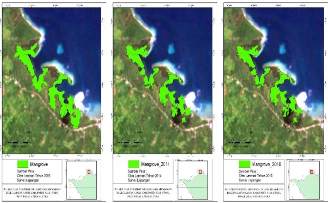 Gambar 1. Tutupan mangrove di daerah penelitian pada tahun (a) 2006, (b) 2014, dan (c)                     2016