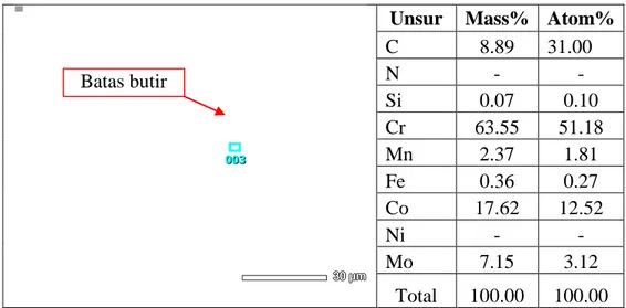 Gambar 3. Presipitat karbida yang terbentuk di batas butir pada as cast Co-28Cr-6Mo-0,4Fe- Co-28Cr-6Mo-0,4Fe-0,2Ni-0,25C;0,2N 