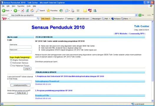 Gambar 2.1 Tampilan awal Sistem Online Monitoring Pelaksanaan SP2010 (Talk Center) 