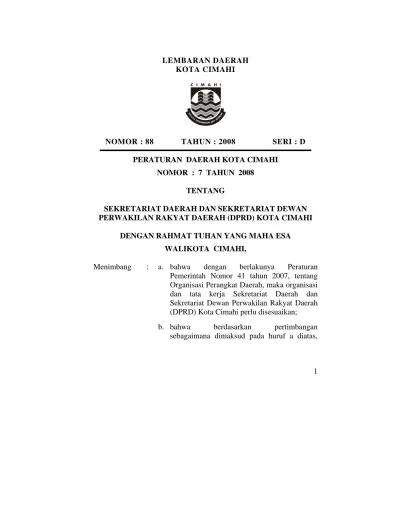 LEMBARAN DAERAH KOTA CIMAHI NOMOR : 88 TAHUN : 2008 SERI : D PERATURAN ...