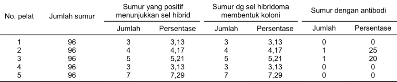 Tabel 2.  Persentase hibridoma hasil fusi antara sel limfosit mencit Balb/c yang diimunisasi RTV dengan sel mieloma SP2