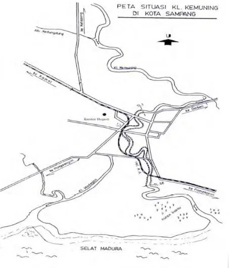 Gambar 1.1. Peta Situasi Kali Kemuning dan daerah genangan banjir yang terjadi di Kota Sampang 