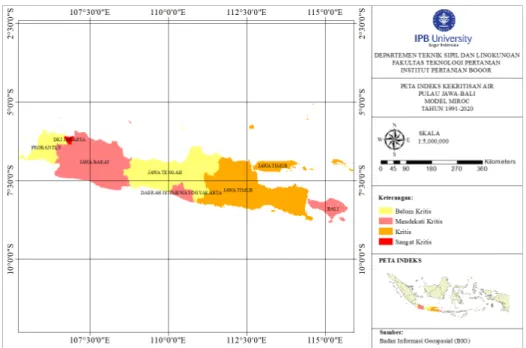 Gambar 3 Peta Indeks Kekritisan Air (IKA) Model CSIRO Pulau Jawa dan Bali   Tahun 1991-2020 