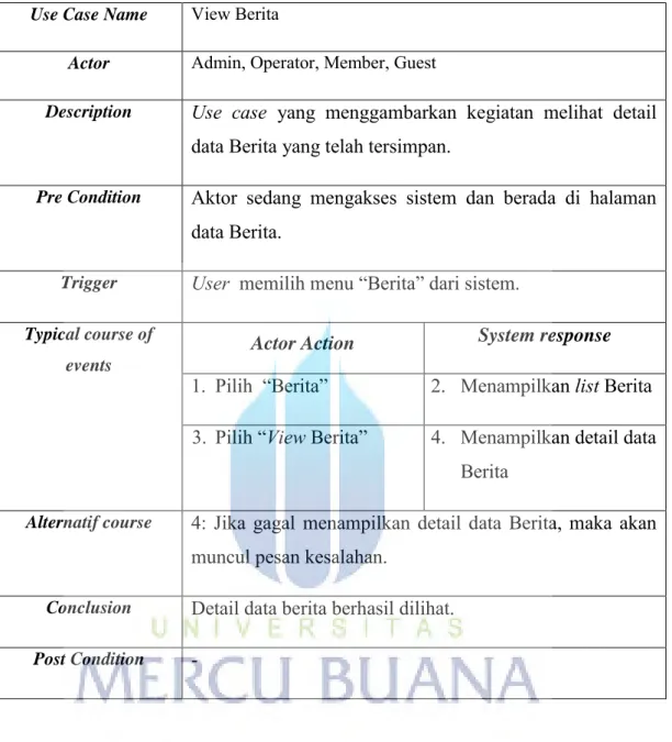 Tabel 3.6  Keterangan Use case View berita  Use Case Name  View Berita 