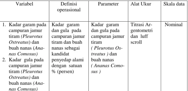 Tabel 4.1 Definisi  operasional  Penetapan Kadar garam dan gula  campuran   jamur  tiram  (Pleurotus  Ostreatus)  dan  buah  nanas  (Ananas  comsus)  perbandingan 2:1 