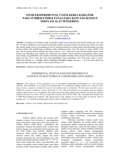 STUDI EKSPERIMENTAL UNJUK KERJA RADIATOR PADA SUMBER ENERGI PANAS PADA ...
