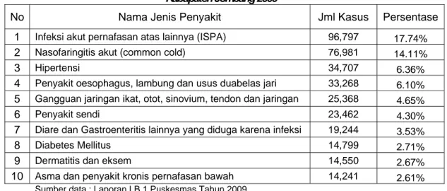Tabel diatas menunjukkan bahwa kasus paling banyak yang ditemukan di Puskesmas adalah  Infeksi Saluran Pernafasan Atas lainnya (ISPA) dengan jumlah 96.797 kasus