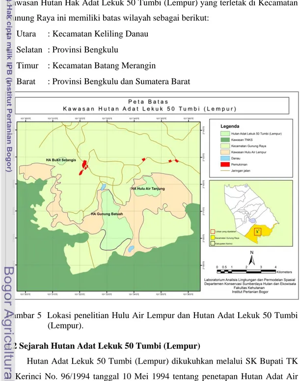 Gambar 5  Lokasi penelitian Hulu Air Lempur dan Hutan Adat Lekuk 50 Tumbi  (Lempur). 