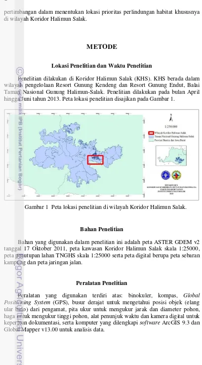 Gambar 1  Peta lokasi penelitian di wilayah Koridor Halimun Salak. 
