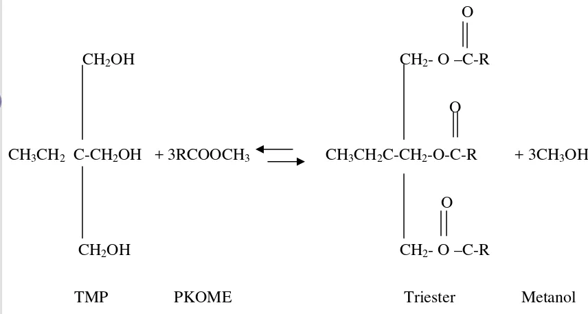 Gambar 10  Reaksi transesterifikasi metil ester minyak sawit dengan menggunakan TMP. 