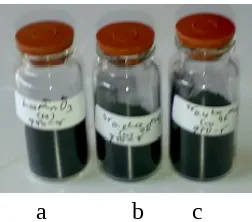 Gambar 5. Foto hasil kalsinasi pada suhu 950  C dari sampel yang diendapkan denganpengendap campuran (Na2CO3 dan NaOH); a) LaMnO3, b) Sr0,2La0,8MnO3, dan                      c)Sr0,4La0,6MnO3