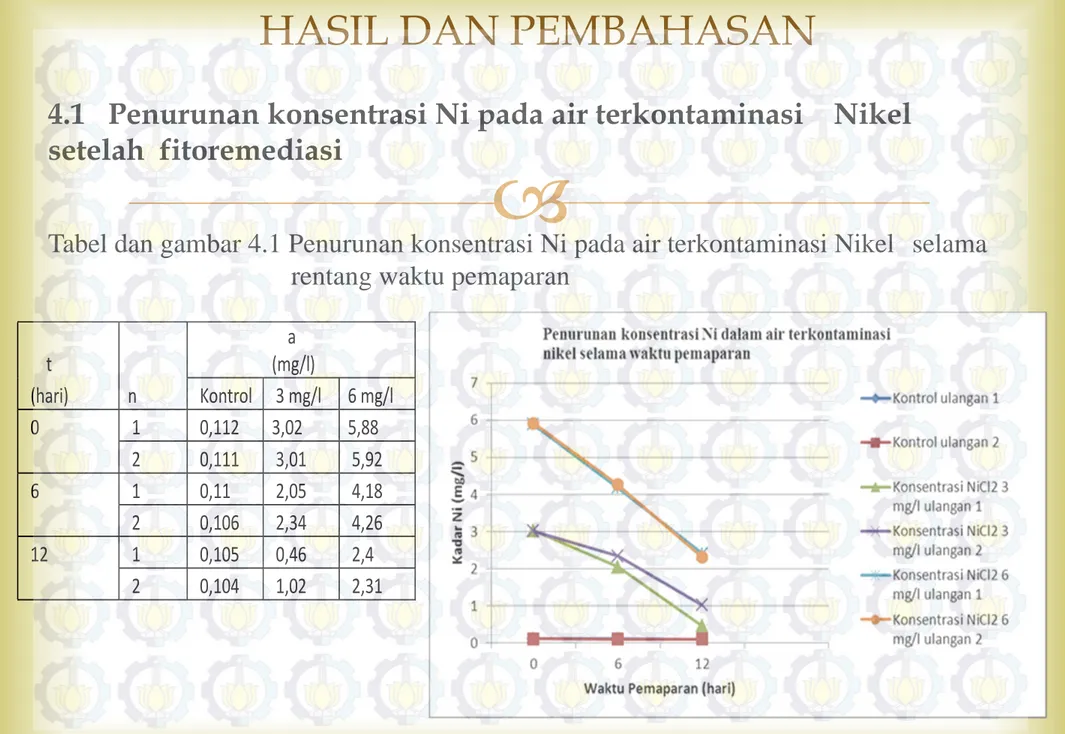 Tabel dan gambar 4.1 Penurunan konsentrasi Ni pada air terkontaminasi Nikel   selama       rentang waktu pemaparan 