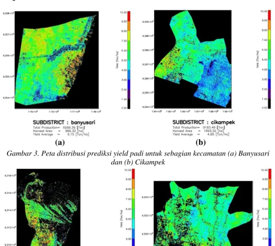 Gambar 3. Peta distribusi prediksi yield padi untuk sebagian kecamatan (a) Banyusari  dan (b) Cikampek 