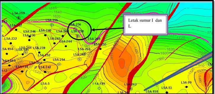 Gambar 1. Peta Struktur Niru Lapisan W3 Sumur I dan Sumur L  (PT Pertamina EP Asset 2 Field Limau) Letak sumur I  dan 