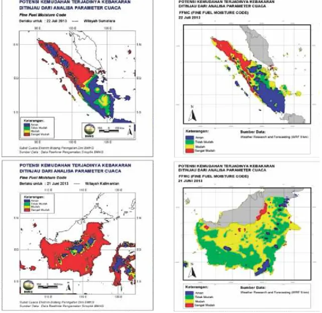 Gambar 5.   Peta indeks FFMC observasi (kiri) dan WRF (kanan) pada tanggal 22 Juli 2013 (atas) dan 21 Juni 2013 (bawah)  wilayah Sumatera dan Kalimantan