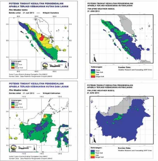 Gambar 6. Peta indeks FWI observasi (kiri) WRF (kanan) pada tanggal 21 Juni 2013 wilayah Sumatera dan Kalimantan