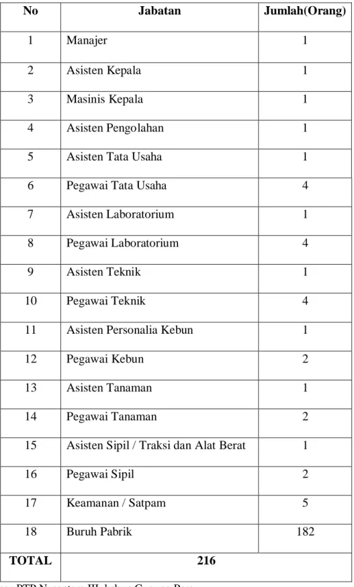 Tabel 2.1. Alokasi Tenaga Kerja di PT. Perkebunan Nusantara III  No  Jabatan  Jumlah(Orang)  1  Manajer  1  2  Asisten Kepala  1  3  Masinis Kepala  1  4  Asisten Pengolahan  1 