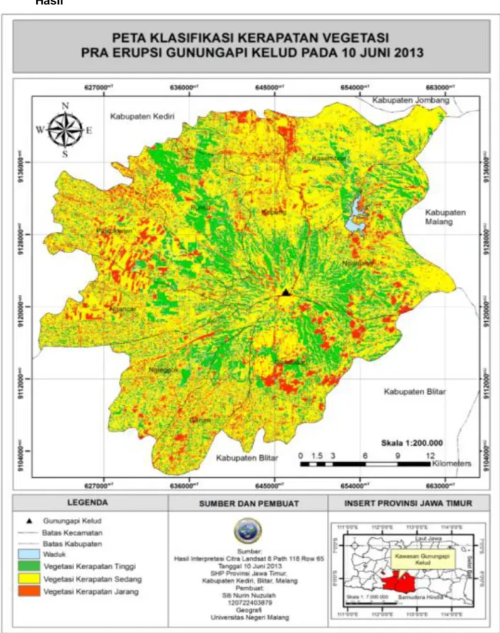 Gambar 1. Peta Klasifikasi Kerapatan Vegetasi   Pra Erupsi Gunungapi Kelud Pada 10 Juni 2013 