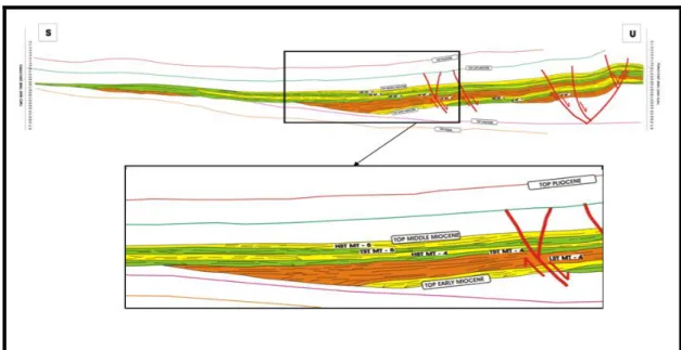 Gambar 8. Pola Refleksi Seismik subparalel dan downlap pada endapan TSTMT – 4 dan HST  MT – 4