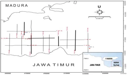 Gambar 3. Daerah penelitian, posisi lintasan seismik dan sumur di daerah penelitian. 