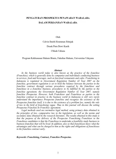 Pengaturan Prospektus Penawaran Waralaba Dalam Perjanjian Waralaba Oleh Calvin Smith Houtsman 8657