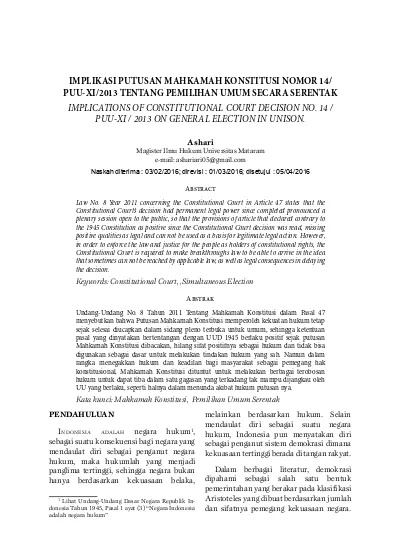 IMPLIKASI PUTUSAN MAHKAMAH KONSTITUSI NOMOR 14 PUU-XI2013 TENTANG ...