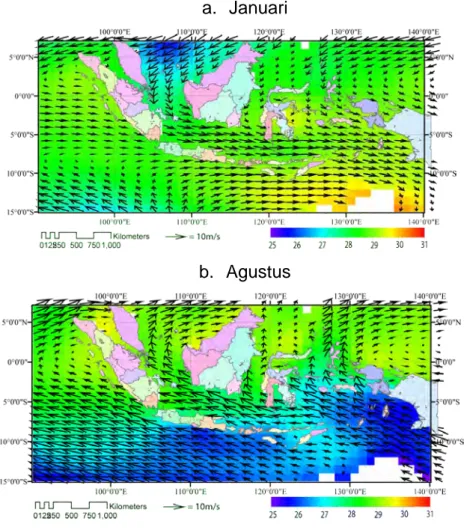 Gambar 2.3 dan 2.4 menunjukkan pola arus dan tinggi muka air laut rata-rata  bulanan selama 7 tahun dari tahun 1993 sampai 1999, pada bulan Januari dan  Agustus