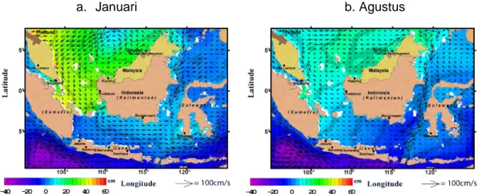 Gambar  2.3 Distribusi tinggi muka air laut dan pola arus pada bulan a. Januari dan b