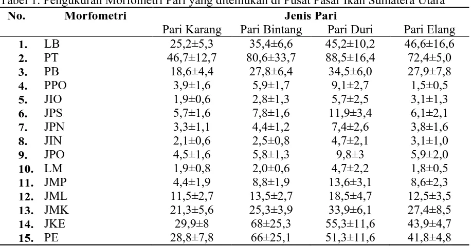 Tabel 1. Pengukuran Morfometri Pari yang ditemukan di Pusat Pasar Ikan Sumatera Utara No