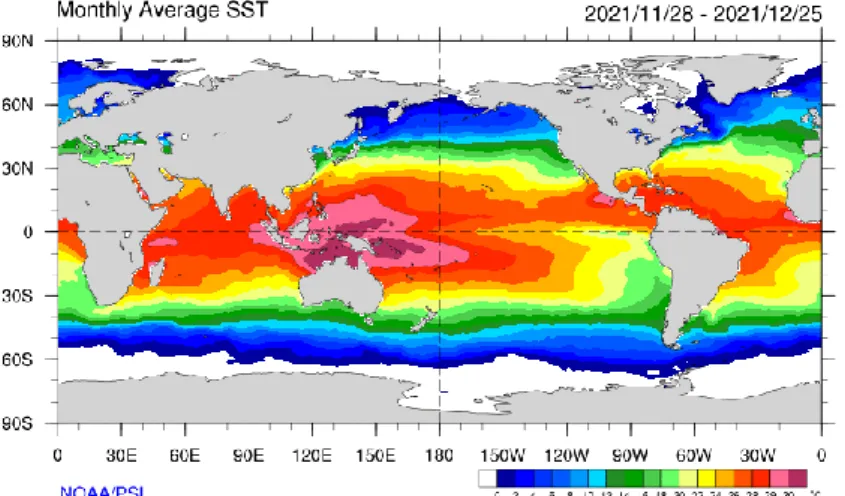 Gambar 6. Rata-rata Suhu Muka Laut Desember 2021  (Sumber: https://psl.noaa.gov/map/images/sst/sst.month.gif ) 