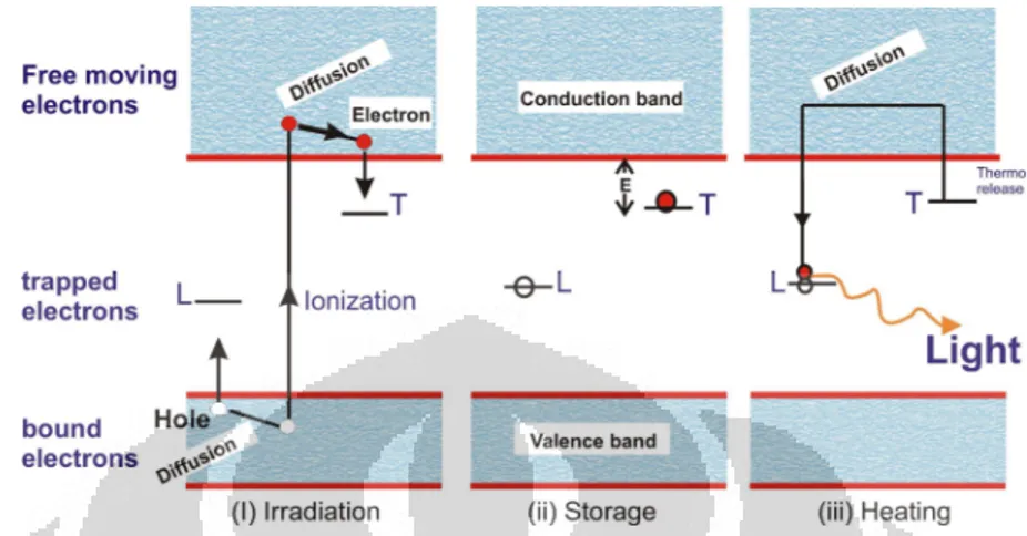 Gambar 2.6. Prinsip kerja TLD. ( i ) elektron yang terpapar radiasi tereksitasi ke 