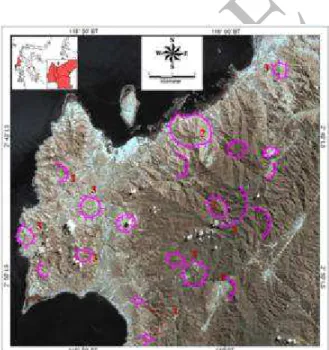 Gambar  10.  Bentuk-bentuk  melingkar  yang  terlihat  pada citra Landsat-8 hasil komposit saluran 5, 6, 7, (R,  G,  B)  dan  dipertajam  dengan  saluran  pankromatik  diinterpretasikan  sebagai  pusat-pusat  aktivitas  batuan  beku seperti kawah gunung ap