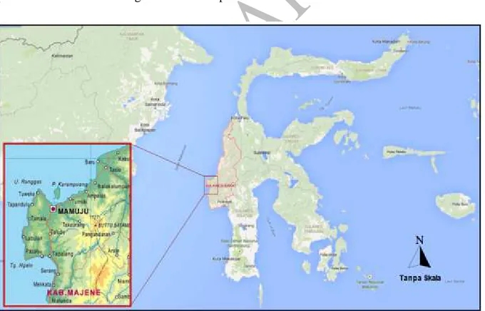 Gambar 1. Daerah penelitian (kotak merah) berada di Kabupaten Mamuju, Provinsi Sulawesi Barat [1,2] .