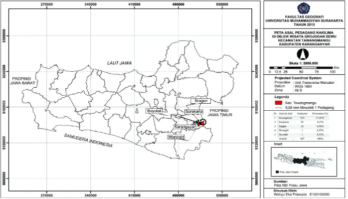 Gambar Peta Asal Pedagang Kaki Lima di Obyek Wisata Grojogan Sewu Kecamatan Tawangmangu Kabupaten Karanganyar 